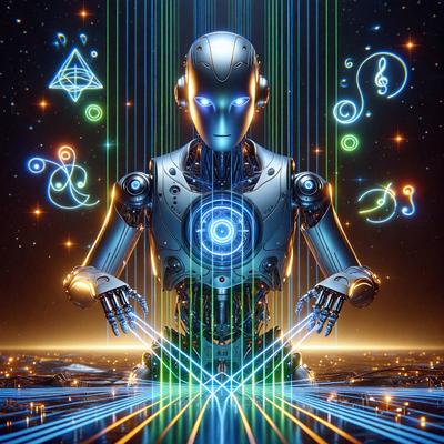 The primary subject of the image is a futuristic robot with a blue and green color scheme. The robot is surrounded by a variety of colorful geometric shapes, creating a visually striking scene. The setting appears to be a futuristic environment, possibly a space station or a high-tech facility. The visual style of the image is a combination of digital art and illustration, giving it a unique and captivating appearance. The dominant colors in the image are blue and green, which contribute to the robot's futuristic and technological theme.